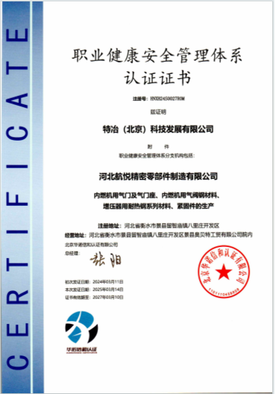 职业健康安全管理体系认证证书